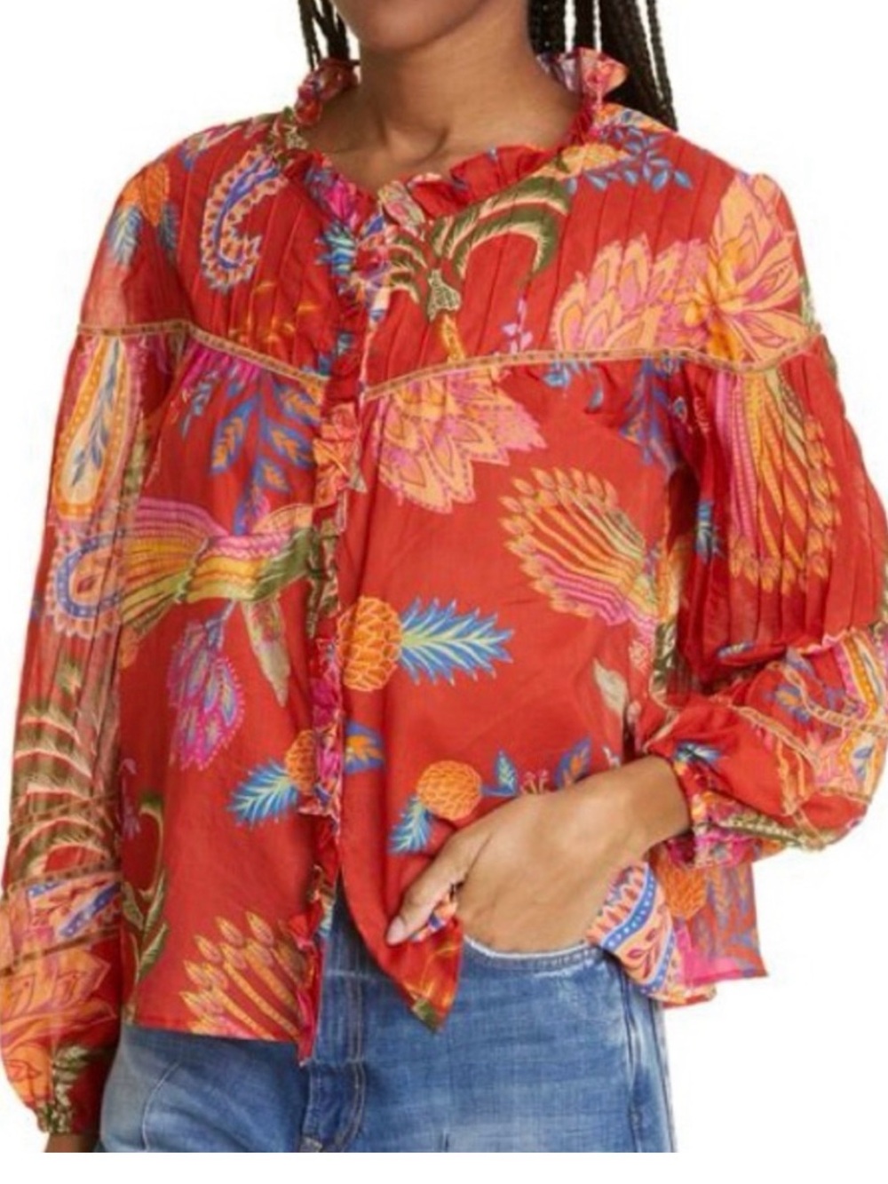 FARM Rio Mystic Bush Red Floral-Paisley Ruffled Blouse (L)